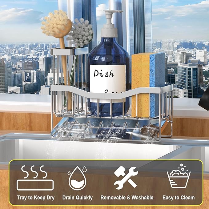 Fssvcd Maifan Sink Caddy Sponge Holder for Kitchen with Brush Holder and Stainless Steel Self Drain Tray, Rustproof Kitchen Sink Organizer for Sponge, Soap Dispenser Storage Accessories - Image 4
