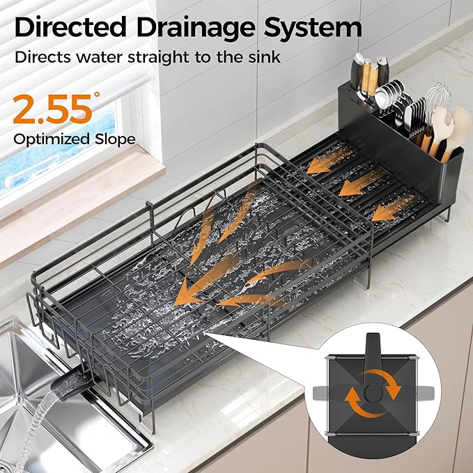 Delamu Stainless Steel Dish Drying Rack, Expandable Dish Drainer, Anti-Rust Large Dish Racks for Kitchen Counter, Dish Strainers with Drainboard, Utensil & Cup Holder, 13.4"-28.7" L x 11.8" W, Black - Image 5