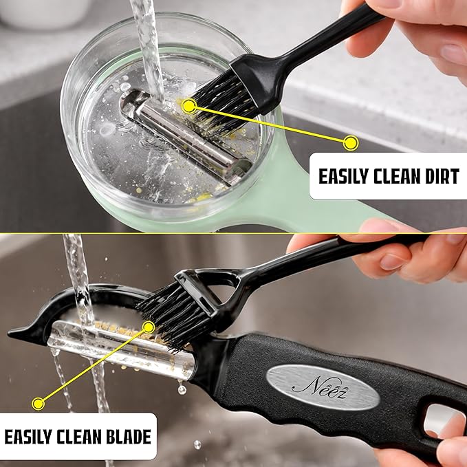 3-Pack Swivel Vegetable Peeler + Fruit Peeler with Container & Cleaning Brush, Ultra Sharp Stainless Steel Blades, Ergonomic Soft Grip Handle, Multi-Function Tool for Potato, Carrot, Apple, Cucumber