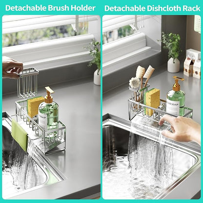 HapiRm Sponge Holder for Kitchen Sink - Self-draining Sink Caddy with Brush and Dishcloth Holders with Sloping Drainage - Silver - Image 3