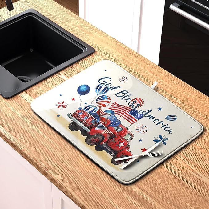 4th of July Drying Mat for Kitchen Counter 18 x 24 Inch US Independence Day Patriotic Truck Dish Drying Mat Polyester American Flag Dish Drainer Mat Super Absorbent Dish Rack Pad for Coffee Bar Sinks - Image 6