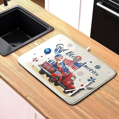 4th of July Drying Mat for Kitchen Counter 18 x 24 Inch US Independence Day Patriotic Truck Dish Drying Mat Polyester American Flag Dish Drainer Mat Super Absorbent Dish Rack Pad for Coffee Bar Sinks - Image 6