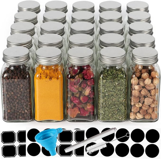 Keketin 6 oz Glass Spice Jars Bottles,25 Pack Empty Spice Jars with Shaker Lids and Labels,180ml Square Spice Containers with Airtight Silver Caps(Chalk Marker,Funnel and Brush include) by Keketin