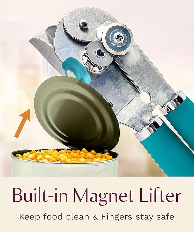 Premium Multifunctional Magnetic Manual Can Opener and Bottle Opener, Heavy Duty Stainless Steel Sharp Cutting Blade and Oversized Easy Turn Knob, Soft-Touch Handle, Kitchen Use, Teal - Image 7