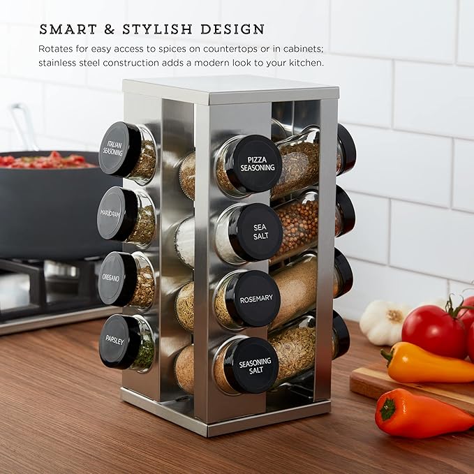 Kamenstein 16 Jar Heritage Revolving Countertop Spice Rack Organizer with Spices Included, FREE Spice Refills for 5 years, Brushed Stainless Steel with Black Caps | Revolving, Organizer, with Spices Included, with Black Caps - Image 2