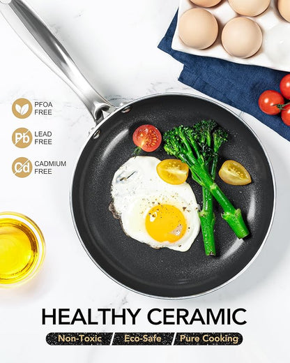 MICHELANGELO Ceramic Frying Pan - 10 Inch Frying Pan Nonstick with Lid, Non-Toxic Skillet with Stainless Steel Handle, Nonstick Skillet, Black - Image 3