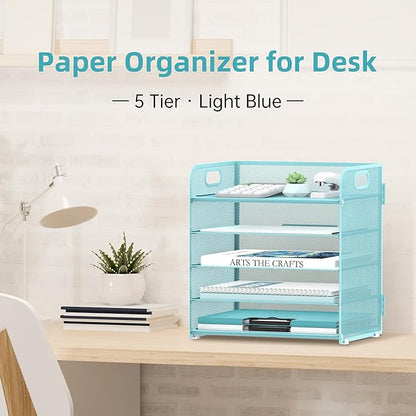 Supeasy 5 Trays Paper Organizer Letter Tray with Handle-Mesh Desk File Organizer, Paper Sorter Desk Organizer for Office, Home or School (Light Blue) - Image 2