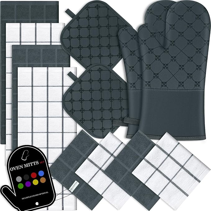 Oven Mitts Kitchen Towels Dishcloths with Pot Holders Sets 12PCS,Dish Towels Sets,Oven Gloves Pot Pads Heat Resistant 500 Degrees with Non-Slip Silicone Surface for Cooking Baking Grilling-Deep Green by BSKSSK