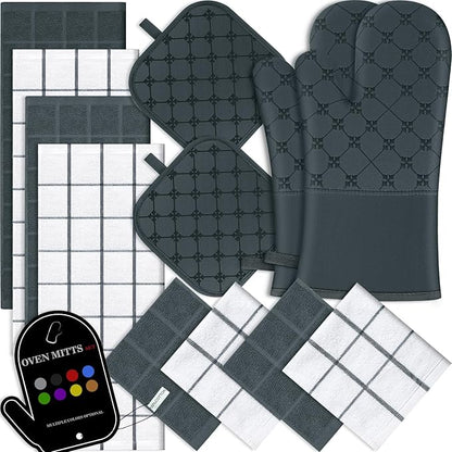 Oven Mitts Kitchen Towels Dishcloths with Pot Holders Sets 12PCS,Dish Towels Sets,Oven Gloves Pot Pads Heat Resistant 500 Degrees with Non-Slip Silicone Surface for Cooking Baking Grilling-Deep Green by BSKSSK