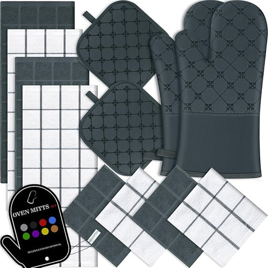 Oven Mitts Kitchen Towels Dishcloths with Pot Holders Sets 12PCS,Dish Towels Sets,Oven Gloves Pot Pads Heat Resistant 500 Degrees with Non-Slip Silicone Surface for Cooking Baking Grilling-Deep Green by BSKSSK