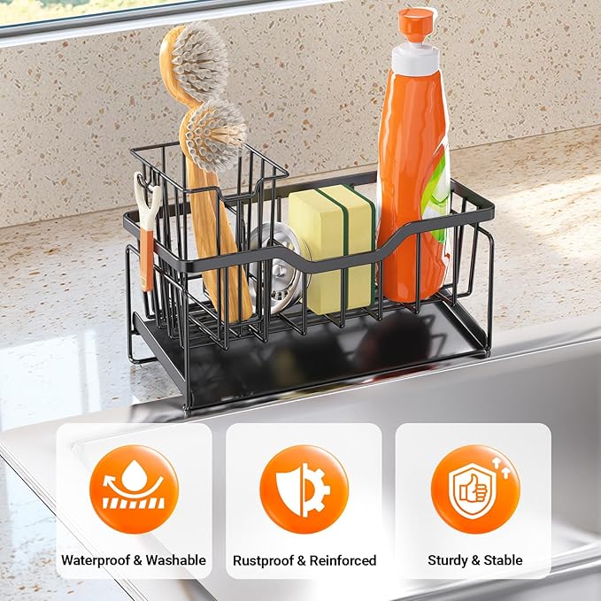 StorageRight Kitchen Sink Caddy Organizer, Rustproof Sponge Holder for Kitchen Sink, Instant Dry High Brush Holders with Drain Tray, Anti-Slip Storage Organization Essentials, Black - Image 3