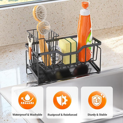 StorageRight Kitchen Sink Caddy Organizer, Rustproof Sponge Holder for Kitchen Sink, Instant Dry High Brush Holders with Drain Tray, Anti-Slip Storage Organization Essentials, Black - Image 3