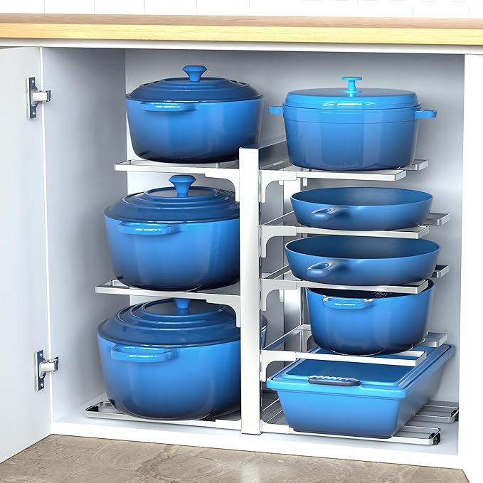 ORDORA Pots and Pans Organizer Rack for Cabinet, 15.83" Height 8-Tier Heavy Duty 120LBS Pot Pan Organizer under Cabinet Adjustable for Cast-iron Pan, Heavy Skillets Griddles, Shallow Pot, Silver - Image 8
