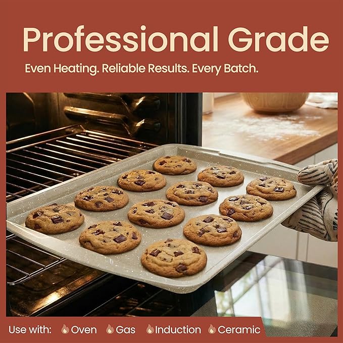 Bakken Swiss Cookie Sheet 3 Piece Set - Non-Stick, Stackable Baking Pans, White marble Deluxe Ceramic Coating – Dishwasher Safe - for Home Baking - Image 3