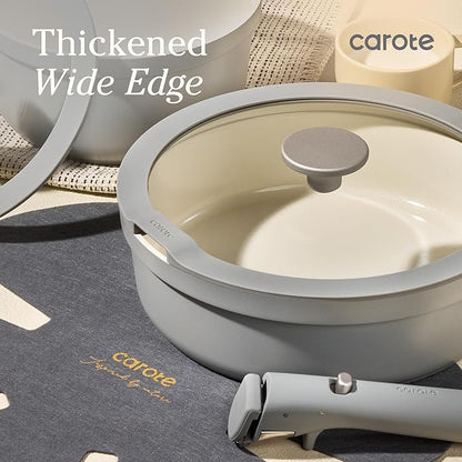 Carote 20pcs Ceramic Cookware Set with Detachable Handles, Pots and Pans Set Non Stick, RV Kitchen Cooking Pot and Pan, Dishwasher Safe, Non-toxic Induction Cookware PFAS and PFOA Free, Grey - Image 5