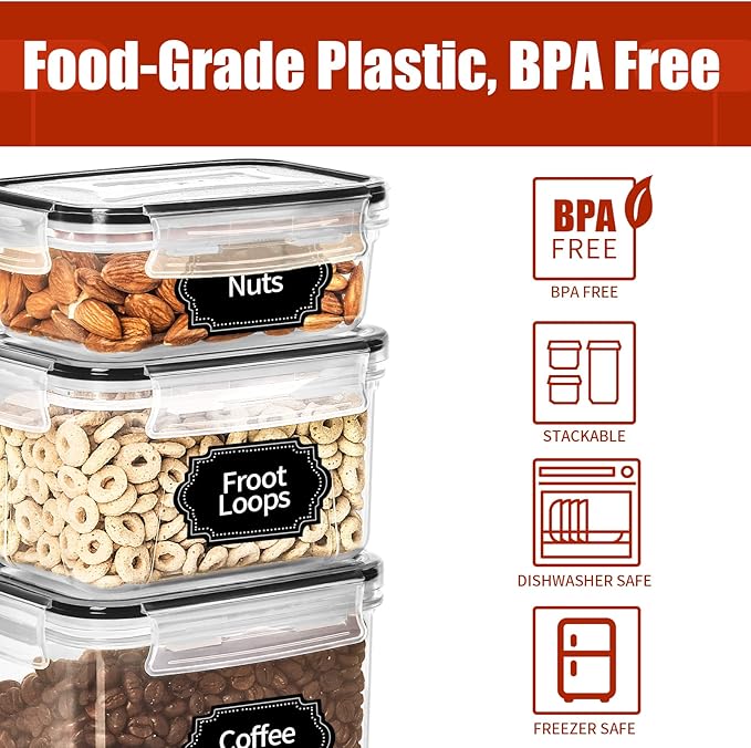 PRAKI 30 Pack Airtight Food Storage Containers for Kitchen Pantry Organizers and Storage, Plastic Kitchen Storage Canisters with Lids,Cereal, Flour & Sugar Containers - Labels, 6 Spoon & Marker - Image 4