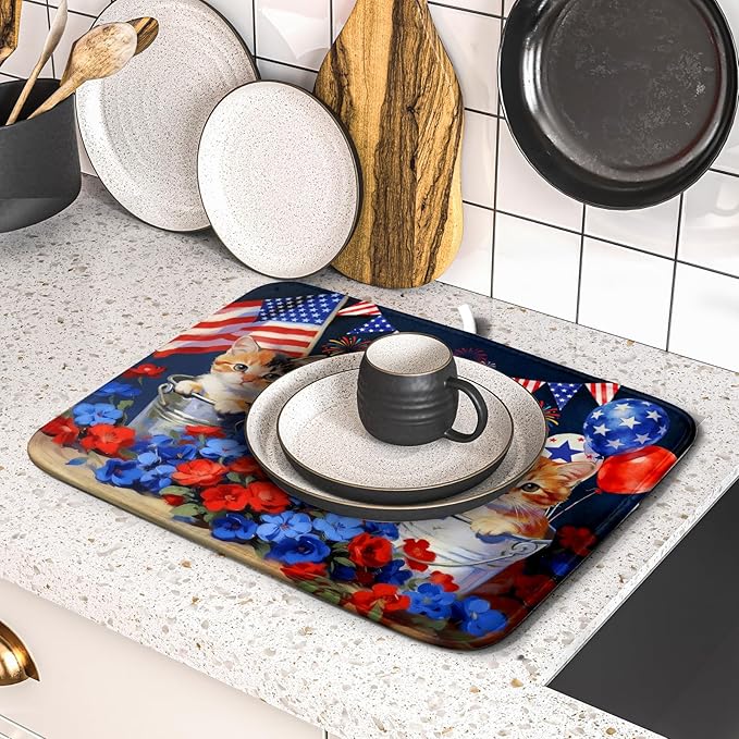 4th of July Dish Drying Mat Patriotic Cats Dish Drying Rack Mat for Kitchen Counter Small - Image 5