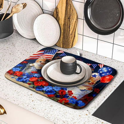 4th of July Dish Drying Mat Patriotic Cats Dish Drying Rack Mat for Kitchen Counter Small - Image 5