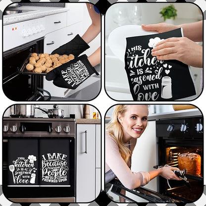 Sratte 6 Pcs Kitchen Decor Accessories Set Farmhouse Towels Pot Holders Oven Mitts Set 2 Dish Towels 2 Potholders 2 Cooking Mittens Oven Glove for Christmas Baking Cooking Supply(Black,Baking) - Image 5