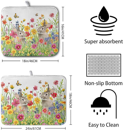 Easter Dish Drying Mat for Kitchen Counter Easter Bunny Flowers Dish Drying Pad Spring Rabbit Floral Dishes Drainer Mats Absorbent Microfiber Kitchen Countertop Protector Drying Mats 16x18 in - Image 2