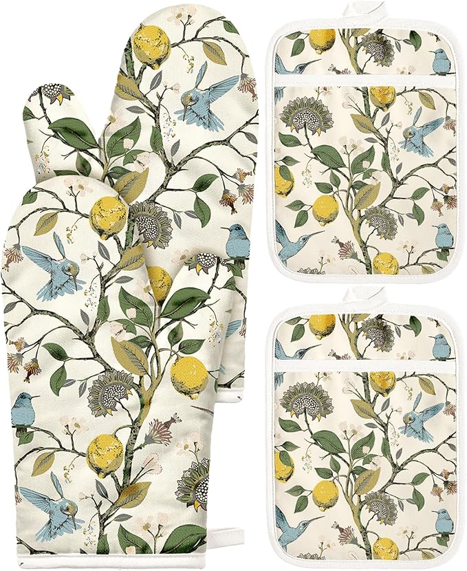 Miss Adola Cotton Oven Mitts and Pot Holders Sets - Quilted Lining Heat Resistant 4 Pieces Set with Hanging Loop Cute Farmhouse Boho Spring Kitchen Decor and Accessories, Lemon Bird by MissAdola
