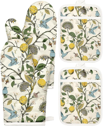 Miss Adola Cotton Oven Mitts and Pot Holders Sets - Quilted Lining Heat Resistant 4 Pieces Set with Hanging Loop Cute Farmhouse Boho Spring Kitchen Decor and Accessories, Lemon Bird by MissAdola