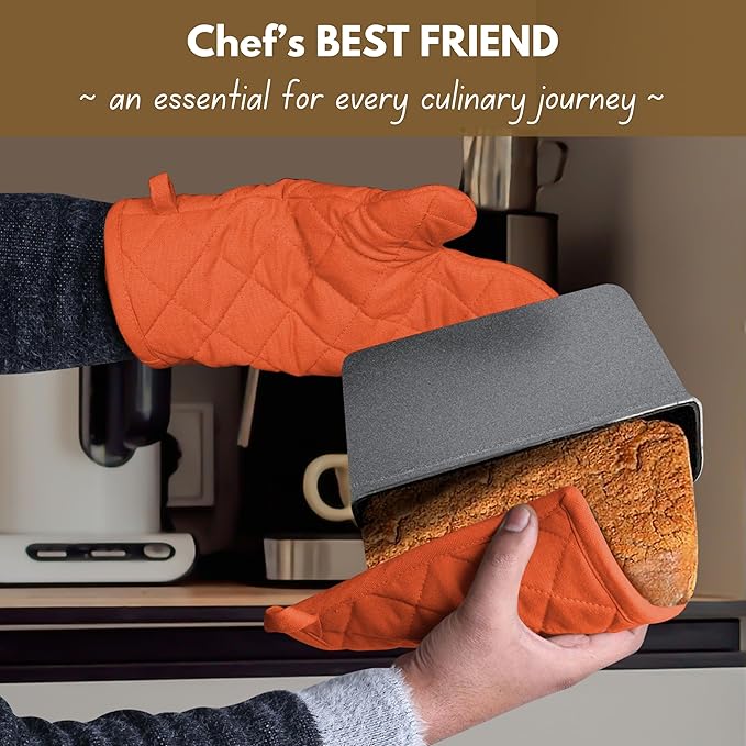 Native Fab 4 Piece Set - 2 Oven Mitts & 2 Potholders, Heat Resistant, 100% Cotton, Quilted Design, Non-Slip Grip, Machine Washable, Ideal for Baking, Cooking, BBQ, Kitchen Protection - Orange - Image 2