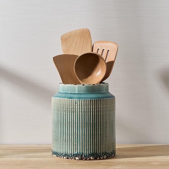 JIEMEI HOME Kitchen Utensil Holder, 6.77" Ceramic Farmhouse Stable Utensil Crock for Countertop, Vintage Style Cooking Tool Organizer with Cork Mat, Spatula Holder For Kitchen Decor, Antique Blue by JHJIEMEIHOME