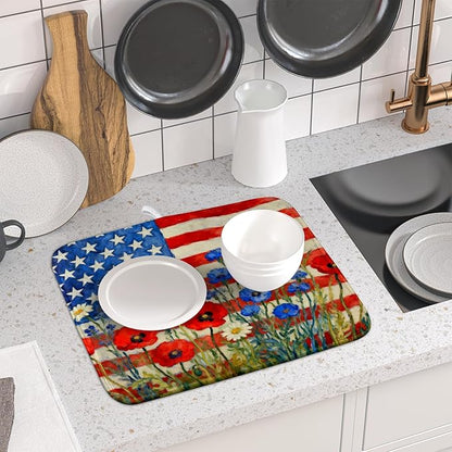 Patriotic American Flag Dish Drying Mat for Kitchen Counter 16x18 4th of July Red Blue White Floral Rustic Absorbent Reversible Microfiber Drying Mats Kitchen Countertop Protector Dishes Drainer Pad - Image 6