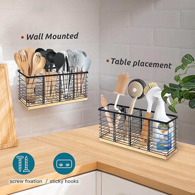 Suli Extra Large Kitchen Utensil Holder Countertop with 4 Compartments,Matte Black Metal holder with Wooden Base for Countertop,Farmhouse Utensil Organizer for counter,Rustic Cooking Utensil Organizer - Image 5
