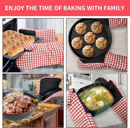 Oven Mitts and PotHolders Sets, 4 Pcs Kitchen Oven Glove High Heat Resistant 400°F Pot Holders for Kitchen, Non-Slip Neoprene Oven Mitts are Suitable for Cooking, Baking (Red Grid) - Image 2