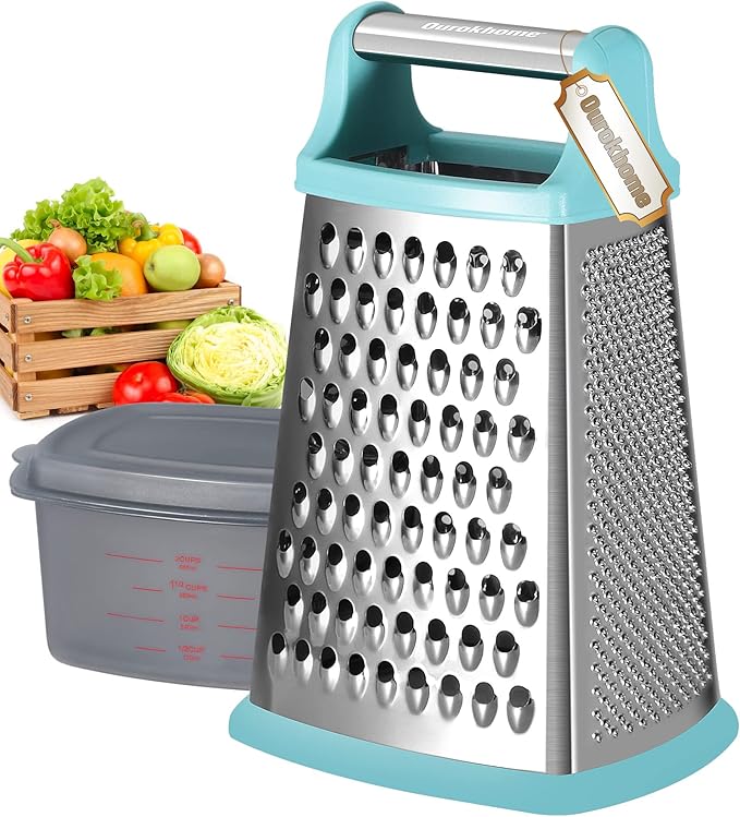 Ourokhome Cheese Grater with Handle, Stainless Steel Box Grater, 4 Side Kitchen Vegetable Shredder Slicer Zester with Container for Parmesan, Cabbage, Ginger, Lemon, Chocolate, Coconut (Teal) by Ourokhome