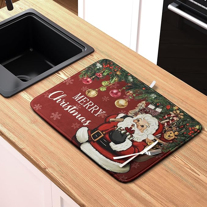 Merry Christmas Dish Drying Mat Santa Claus Kitchen Drainer Mats Microfiber Absorbent Winter Xmas Holiday Dishes Pad Reusable Dish Rack Mat for Countertop Tableware Decor 16x18 Inch - Image 6