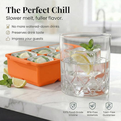 KitchFort Large Silicone Ice Cube Tray (2-Pack), Easy Release 2" Big Ice Cubes - Cocktail, Whiskey Ice Cubes Mold - Ice Trays for Freezer with Lid - Stackable Silicone Ice Tray - Orange - Image 4