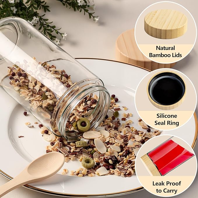 TBWIND 4 Pack 24oz Glass Jars with Bamboo Lids, Spoons, Airtight Overnight Oats Containers, Wide Mouth Mason Jars, Food Storage Container for Yogurt Salad Snacks Spice Sugar Meal Prep – Reusable