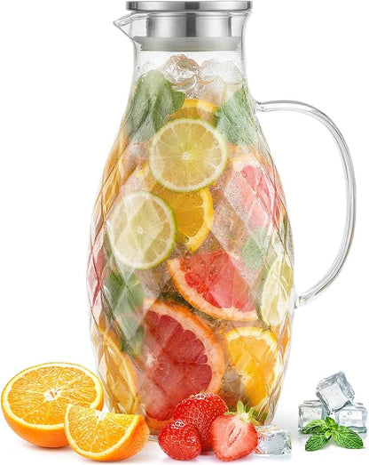 Premium Borosilicate Glass Pitcher with Lid and Spout - 3 Liter / 100 oz, Borosilicate Glass with Handle - Carafe for Hot/Cold Beverages - Water Jug - Iced Tea Pitcher - Juice Server