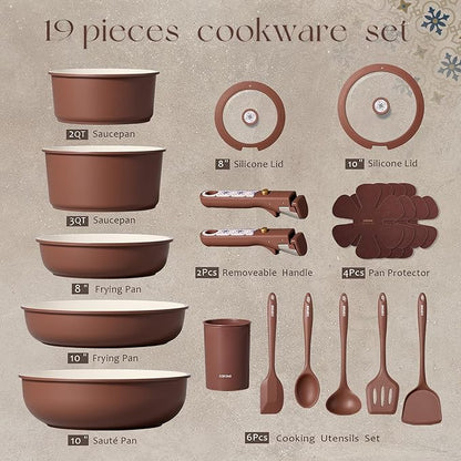 CAROTE 19Pcs Ceramic Cookware Set, Pots and Pans Set Non stick, Non Toxic Cookware Detachable Handle, Kitchen Cooking Set - Induction Cookware, Dishwasher/Oven Safe, PFAS Free, Chocolate - Image 2
