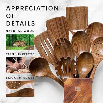 Wooden Spoons for Cooking, Nonstick Cooking Utensil Set with 10 Piece Acacia Wooden Spatulas and Spoons for Cooking, Terrific for Everyday Kitchen Tasks - Image 4