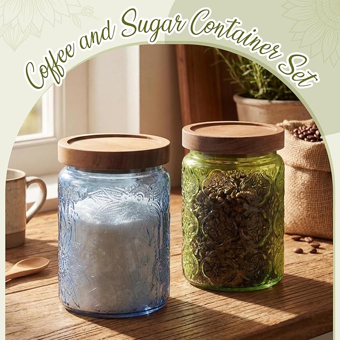 Willinglong 2 Pack 23.7oz Colored Vintage Glass Storage Jars with Wooden Lids Embossed Floral Decorative Canisters for Kitchen Countertop Airtight Container for Sugar Cookie Coffee Tea (Green, Blue) - Image 6