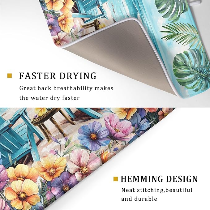 Spring Summer Sea Chair Dish Drying Mat for Kitchen Counter,Coastal Beach Palm Leaf Flowers Drying Mat 18 x 24 Inch with Absorbent Reversible Microfiber Drying Pad for Coffee Bar - Image 3