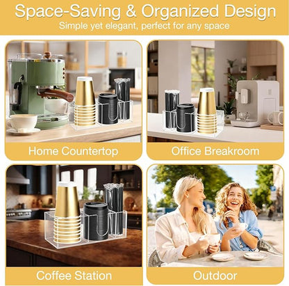 Acrylic Cup Holder for Countertop, 3 Slots Acrylic Coffee Bar Accessories and Organizer Anti Slip Waterproof, Clear Coffee Station Organizer for Cup Lid Straw