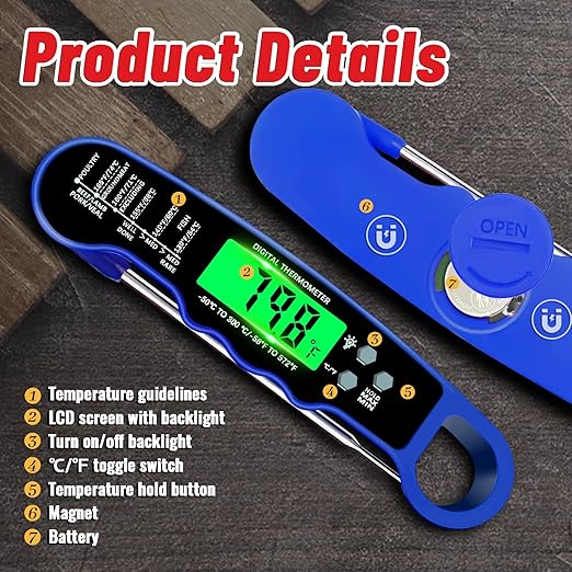 Stocking Stuffers for Men Women Adults: Meat Thermometer Digital, Instant Read Meat Thermometer with Backlight & Magnet for Kitchen, Beef, Grill, Turkey,IP67 Waterproof Cooking Thermometer - Image 4