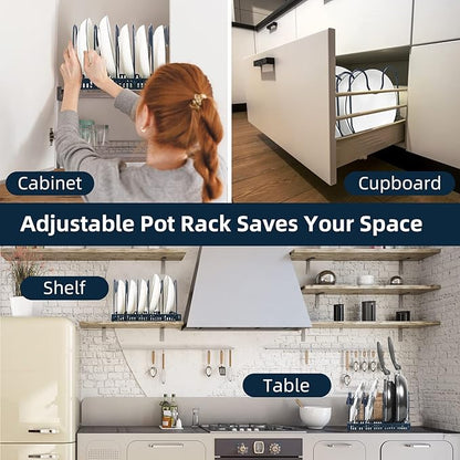 ROOHUA Expandable Pot and Pan Organizer - Cabinet Pot Lid Holder with 10 Adjustable Compartments for Cookware, Baking, Frying (Dark Blue, 10) - Image 6