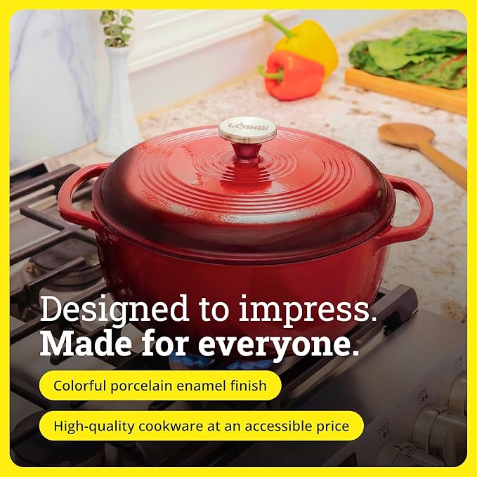Lodge Essential Enamel Cast Iron Dutch Oven - Perfect for Bread Baking, Braising, Marinating & Slow Cooking - Features Moisture-Sealing Lid & Dual Handles - Kitchen Essentials - 6 Quarts - Island Spice Red - Image 7