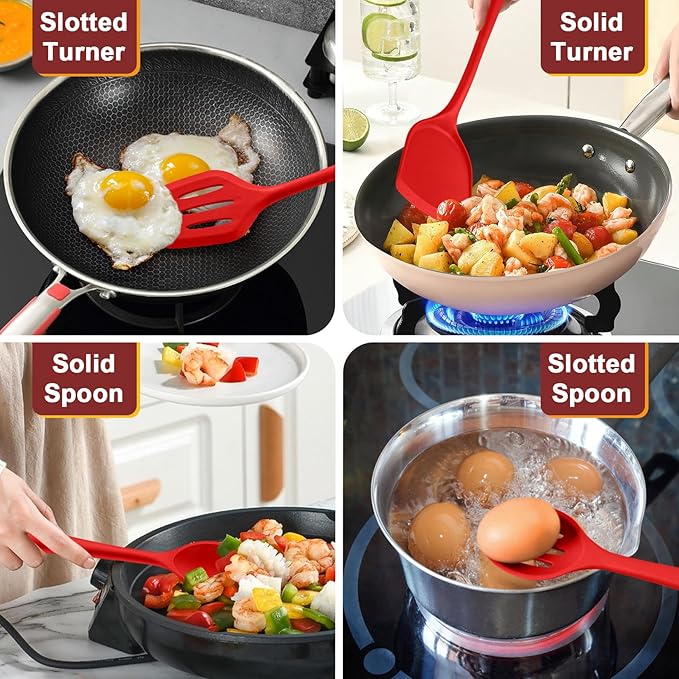 P&P CHEF Kitchen Utensil Set, 4 Pieces Non-stick Silicone Cooking Utensils, Heat-resistant Slotted Solid Spoon Turner for Frying, Mixing, Serving, Non-toxic & Easy to Clean, Red - Image 4