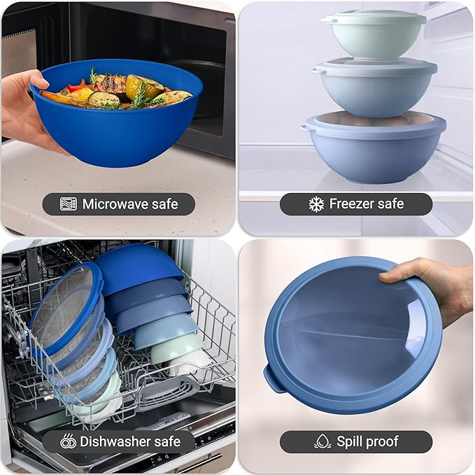 Zulay Kitchen 12 Piece Plastic Mixing Bowls with Lids Set - Leak-Proof Microwave & Freezer Safe Stackable Mixing Bowl Set for Preparing, Serving and Storing - Non-Slip Large Nesting Bowls (Blue Ombre) - Image 7