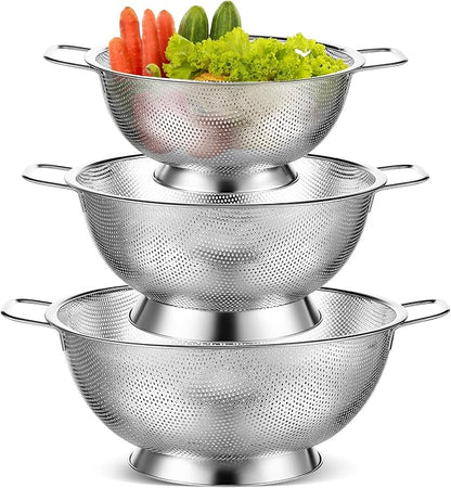 Bokon 3 Pcs Stainless Steel Colander Set Colander Bowl and Sieves 1/3/5 Quart Metal Mesh Strainer Net Basket with Handles Food Spaghetti Strainer for Kitchen Draining Pasta Rinsing(Silver)