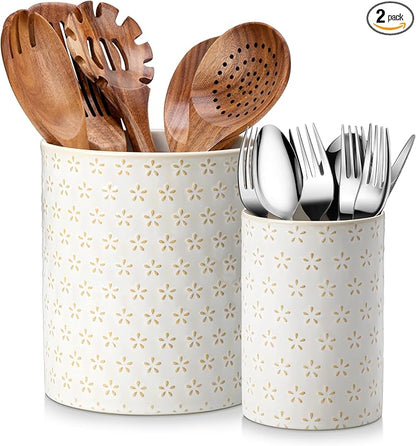 MALACASA LYDIA Ceramic Utensil Holders, 7.3"+5.5" Kitchen Utensil Crock Set for Countertop, Large & Small Utensil Organizers for Cooking Tools, Five-Leaf Grass Pattern by MALACASA