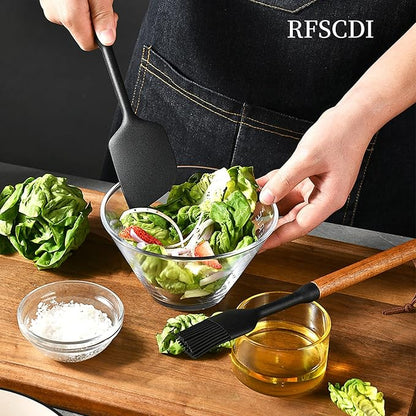 Exquisite Silicone Cooking Utensils Set - Non-Toxic, Heat-Resistant Kitchen Utensils Set with Food-Grade Silicone & Wood Handles - Includes Spatula & Spoon for Non-Stick Cookware, Black - Image 3