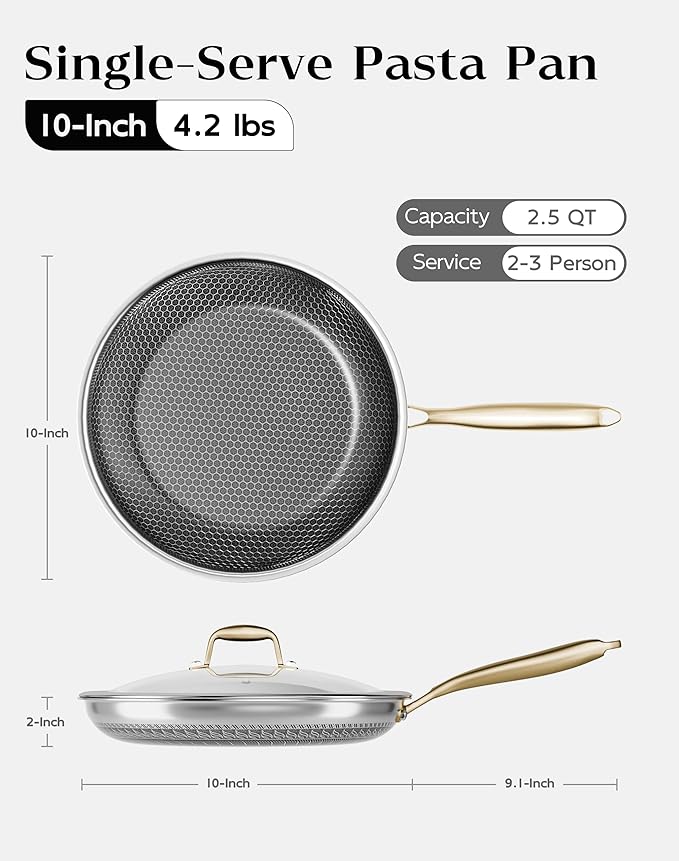 Nonstick Frying Pan with Lid 10-Inch, Durable Stainless Steel Skillet, Induction Cooktop Compatible, PFOA-Free Scratch-Proof, Dishwasher & Oven Safe, Stay-Cool Handle, Silver Kitchen Cookware - Image 2